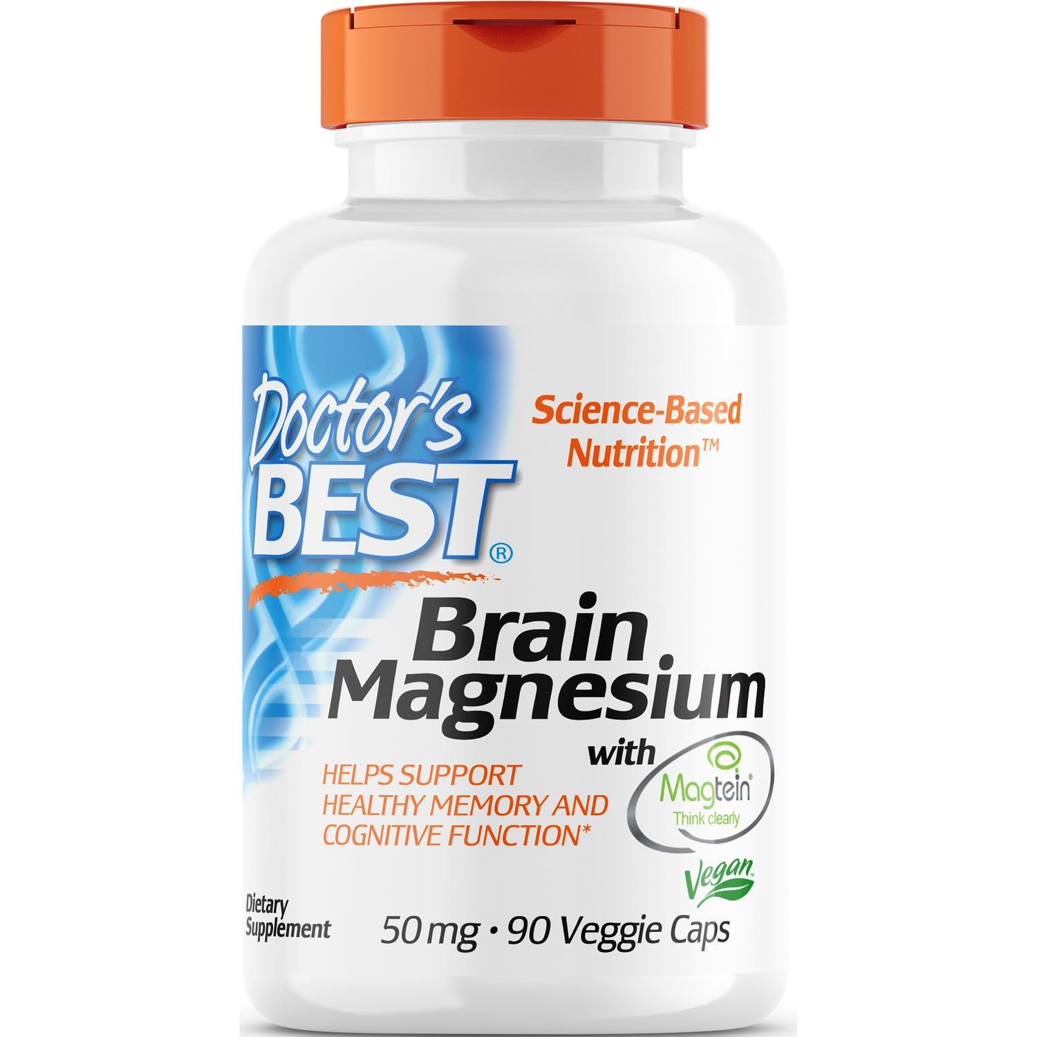 Doctor's BEST Brain Magnesium white supplement bottle with orange cap, 50 mg 90 Veggie Caps label