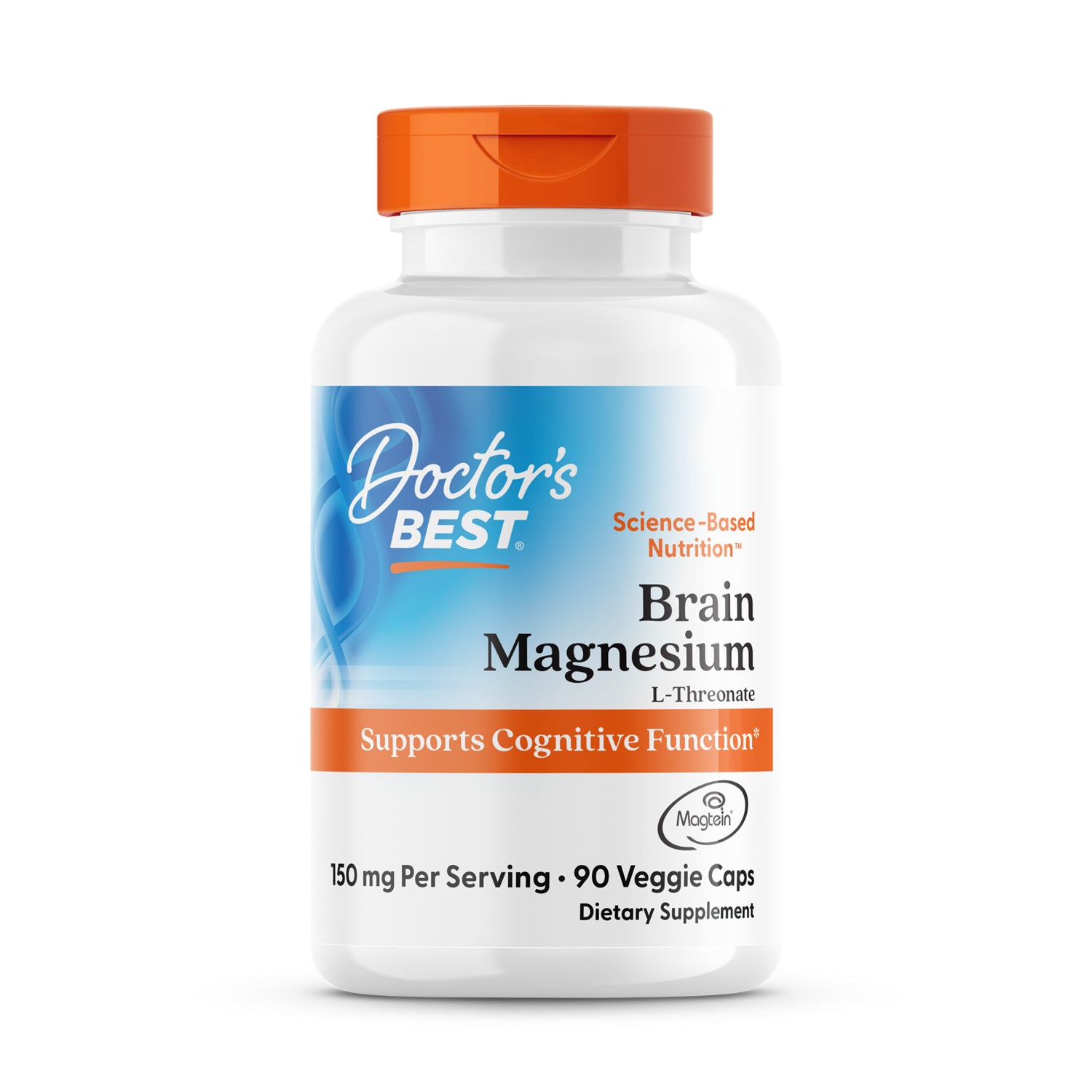 Doctor's BEST Brain Magnesium white supplement bottle with orange cap, 50 mg 90 Veggie Caps label