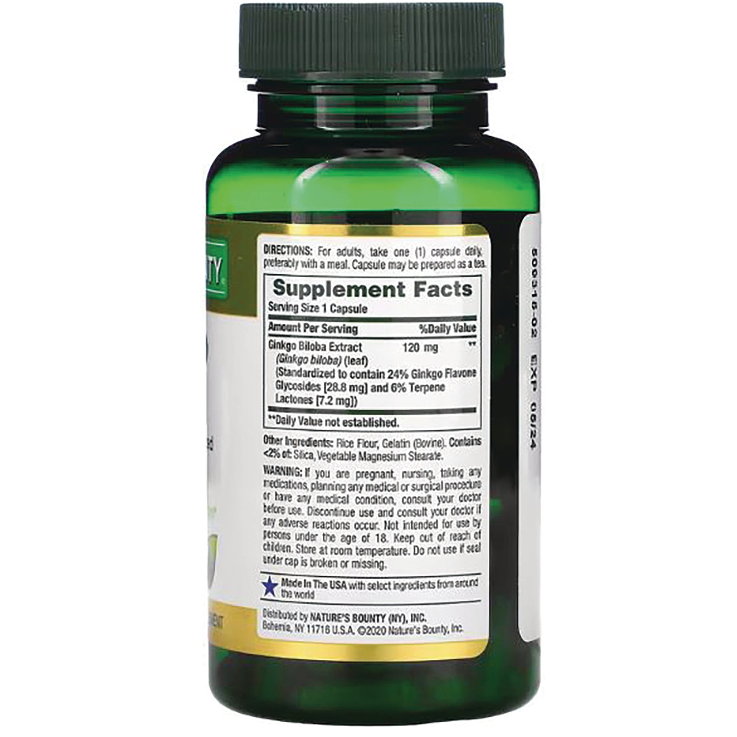 NBY037 | green supplement bottle back with Supplement Facts panel, directions and ingredient text