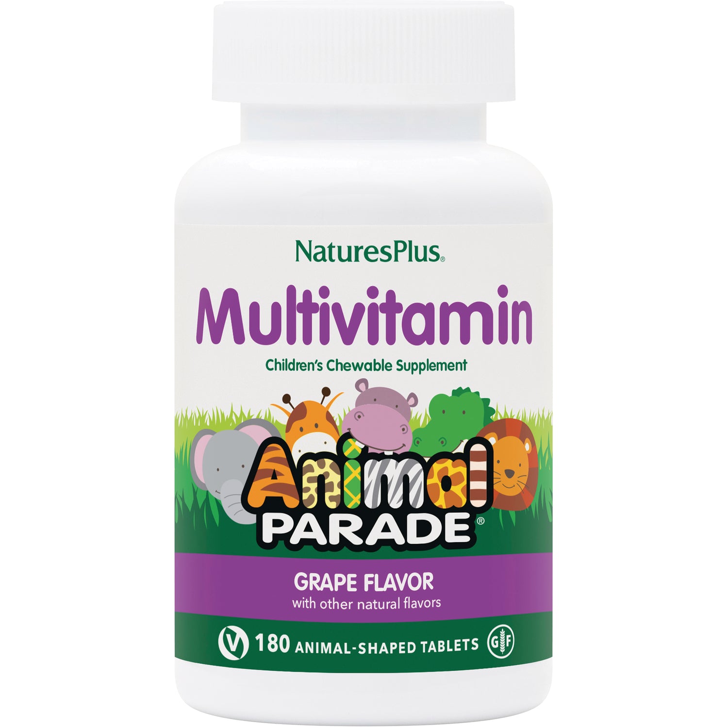 NTP011 | NaturesPlus Multivitamin Animal Parade children's chewable grape flavor bottle, 180 animal-shaped tablets