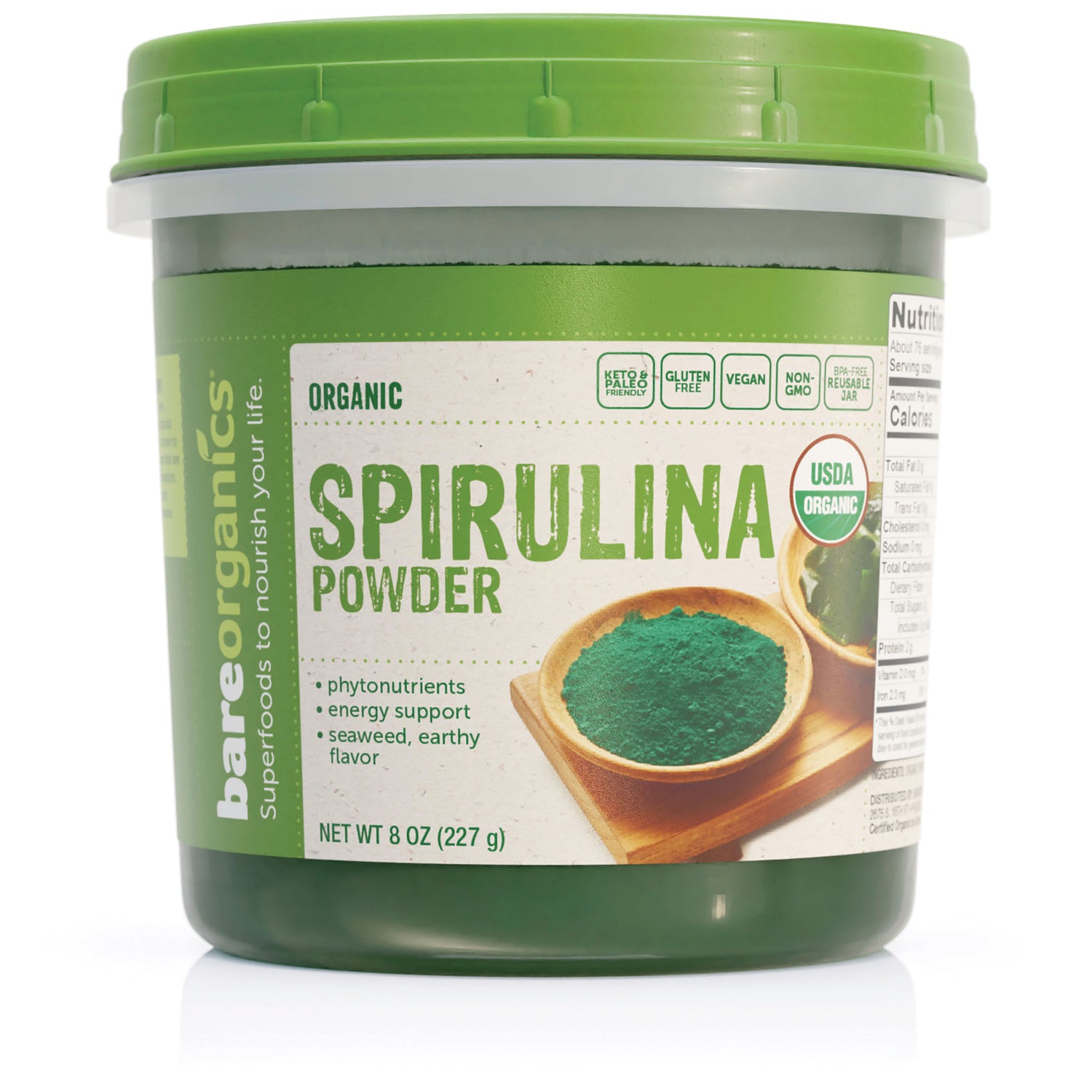 BOR007 | Container of organic spirulina powder labeled SPIRULINA POWDER NET WT 8 OZ (227 g) with green lid