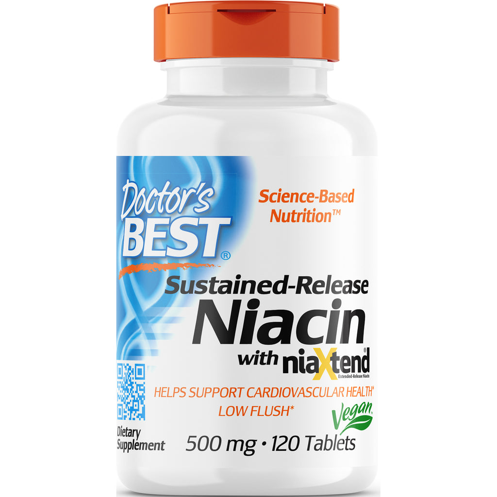 White bottle labeled Doctor's BEST Sustained-Release Niacin with niaXtend, 500 mg, 120 tablets, vegan - Thumbnail
