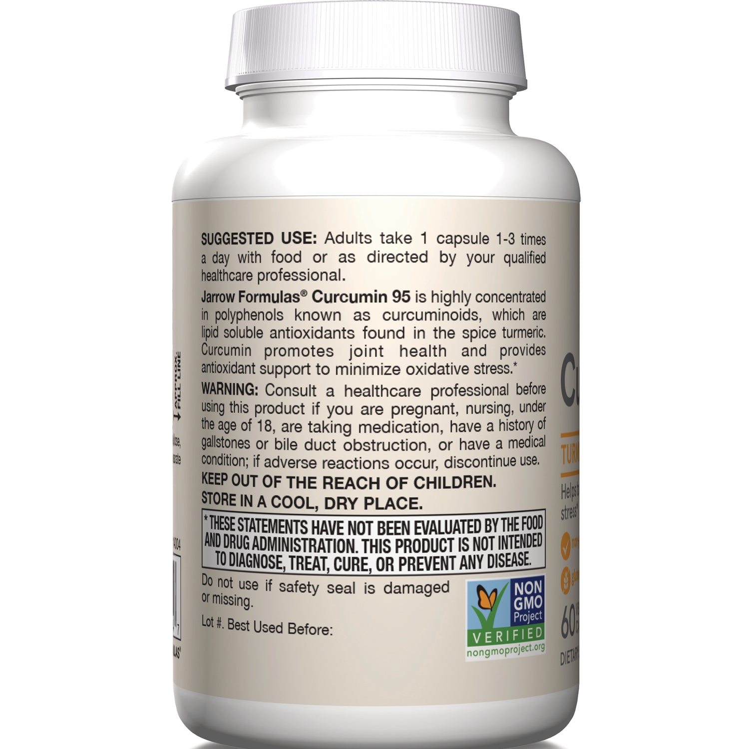 JR015 | Back label of supplement bottle showing suggested use, warnings, and Non-GMO Project Verified badge