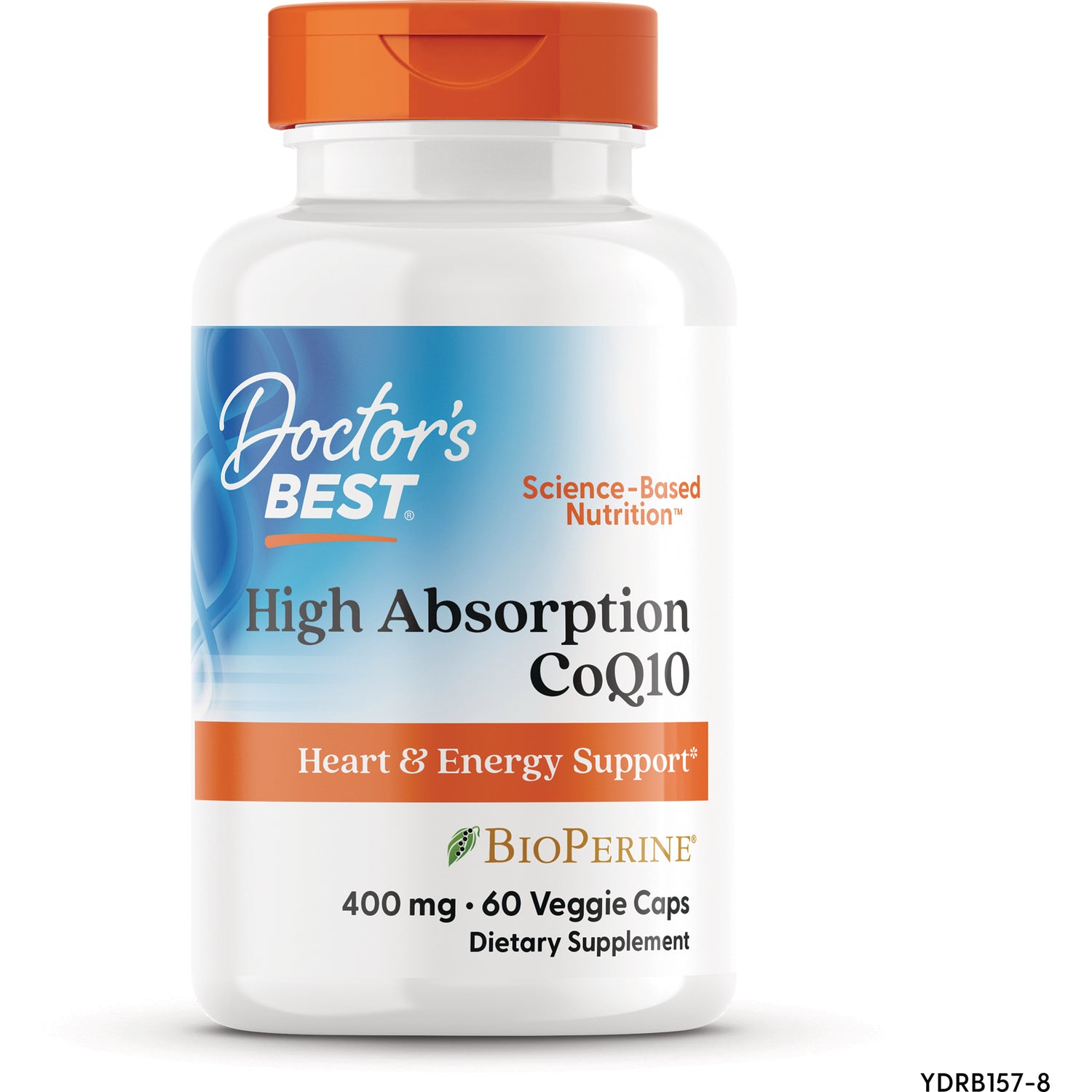 DB159 | Doctor's Best High Absorption CoQ10 bottle with orange cap, label reads Heart & Energy Support 400 mg 60 Veggie Caps