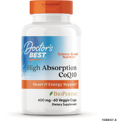 DB159 | Doctor's Best High Absorption CoQ10 bottle with orange cap, label reads Heart & Energy Support 400 mg 60 Veggie Caps