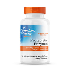 DB090 | White supplement bottle with orange cap labeled Doctor's Best Proteolytic Enzymes 90 delayed release Veggie Caps