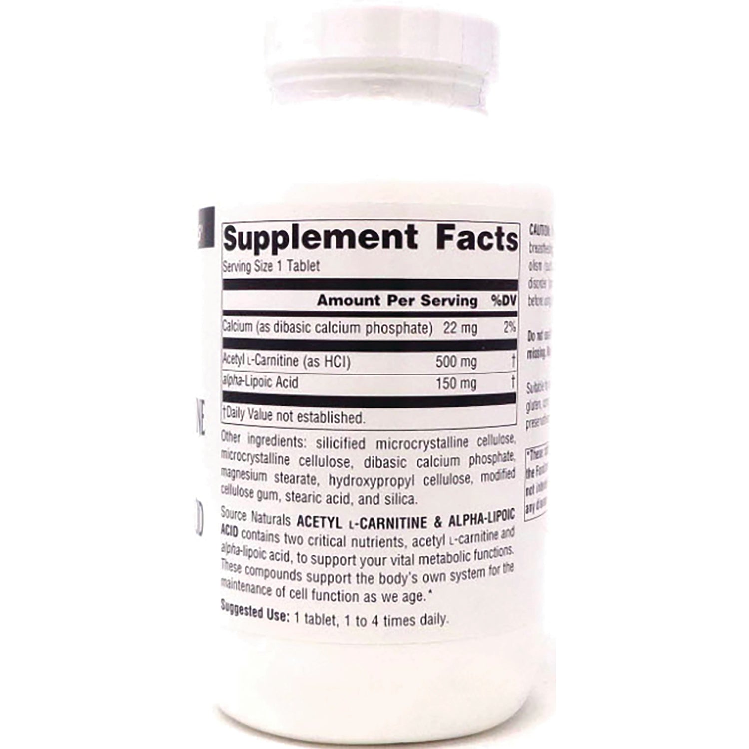 SN183 | Back label with Supplement Facts for acetyl L-carnitine and alpha-lipoic acid tablets