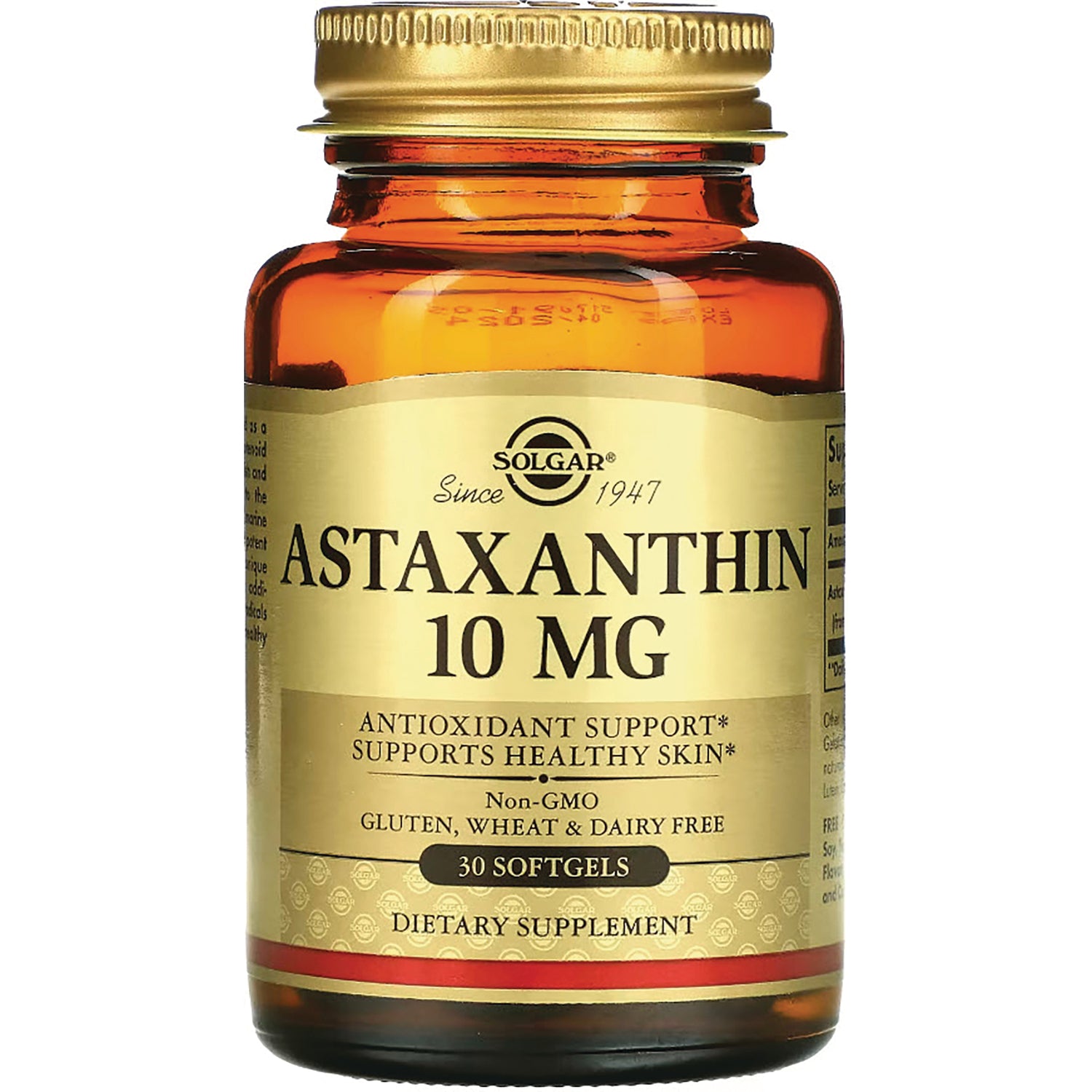 Solgar ASTAXANTHIN 10 MG amber bottle with gold label, 30 softgels dietary supplement
