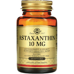 Solgar ASTAXANTHIN 10 MG amber bottle with gold label, 30 softgels dietary supplement