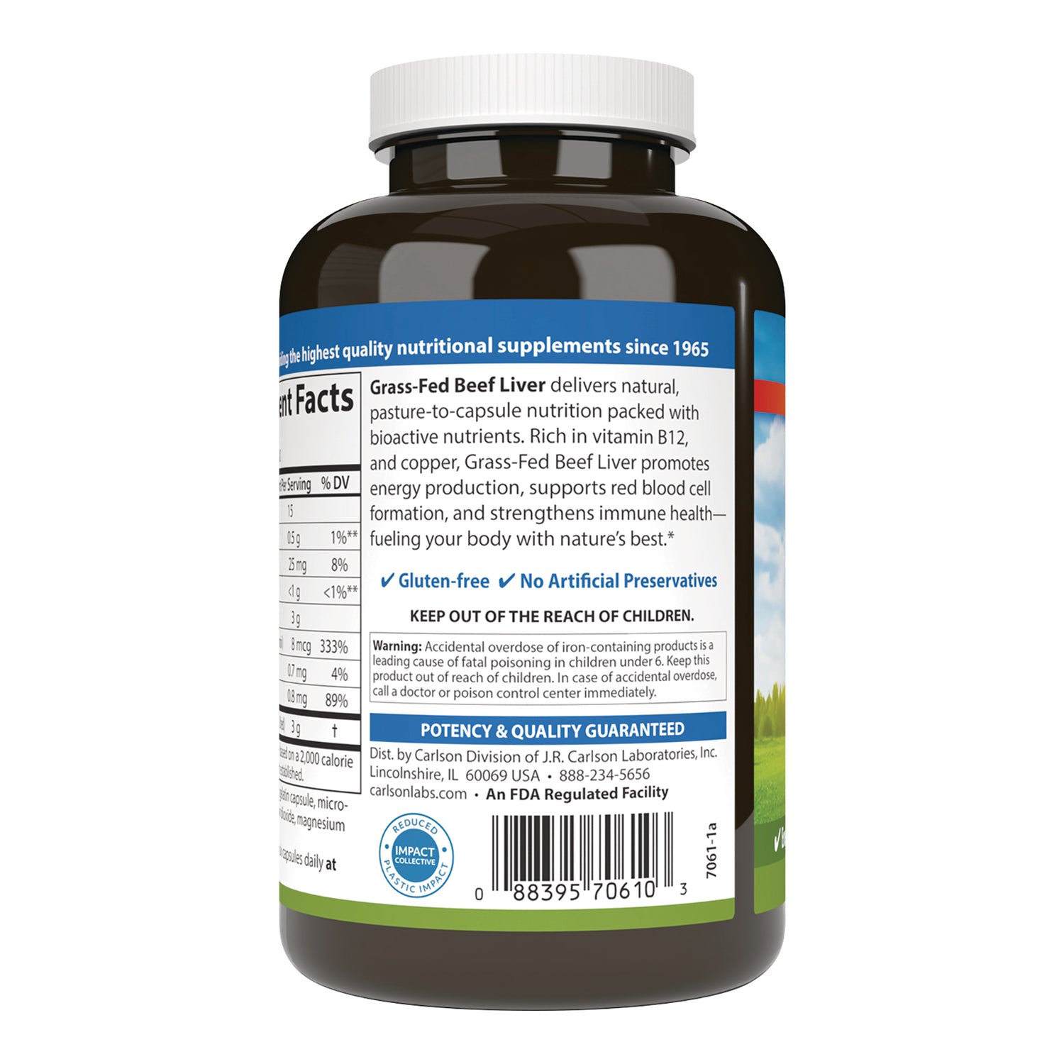 CSN338 | Back label of brown supplement bottle showing Grass-Fed Beef Liver title, gluten-free badge and barcode