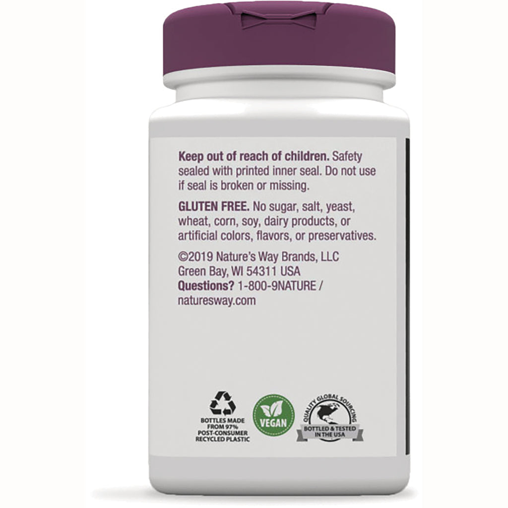 NW785 | Back label of white supplement bottle with purple cap reading Keep out of reach of children and GLUTEN FREE, plus company info and vegan and recycling icons - Thumbnail