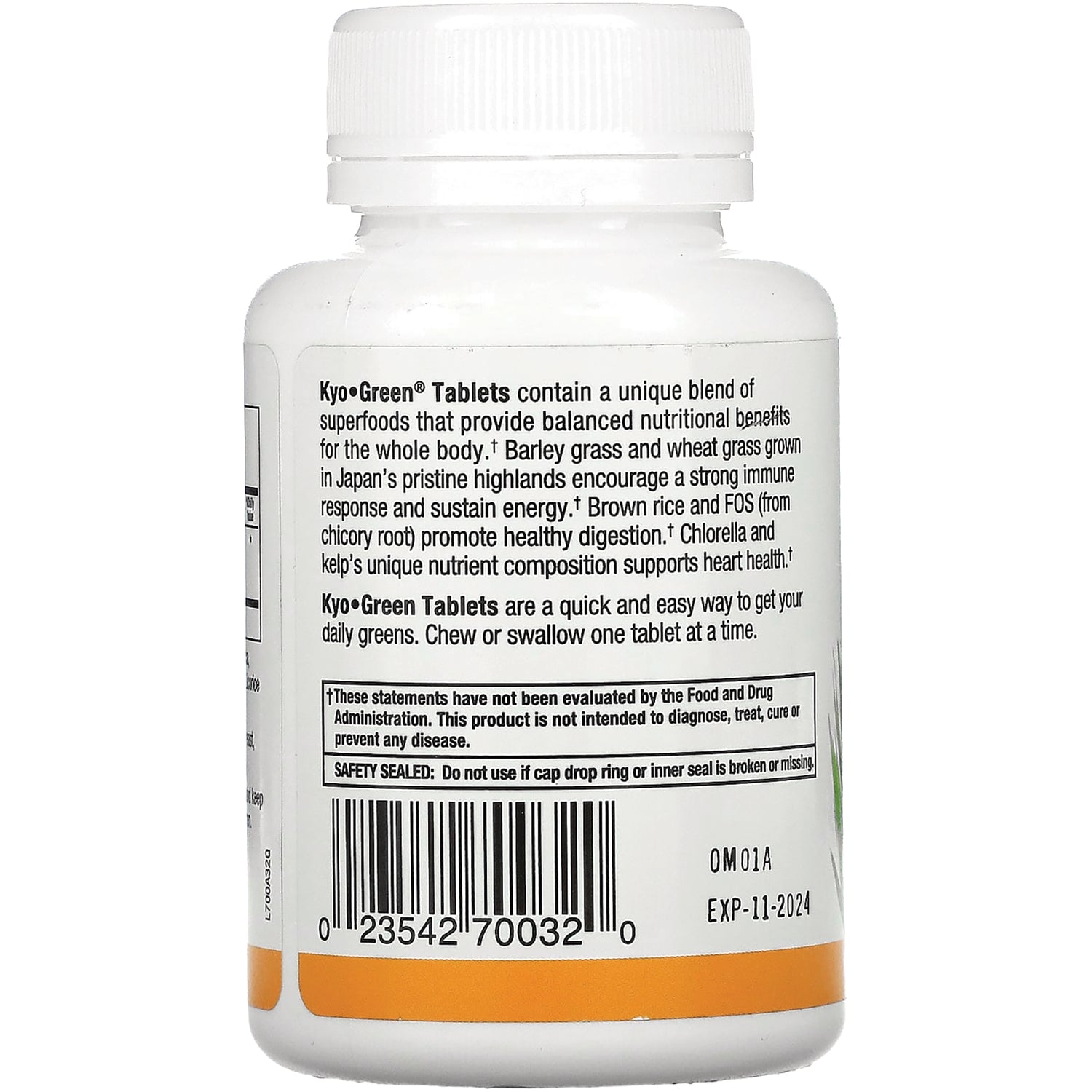 KY045 | Back of white supplement bottle showing product description, barcode and EXP-11-2024