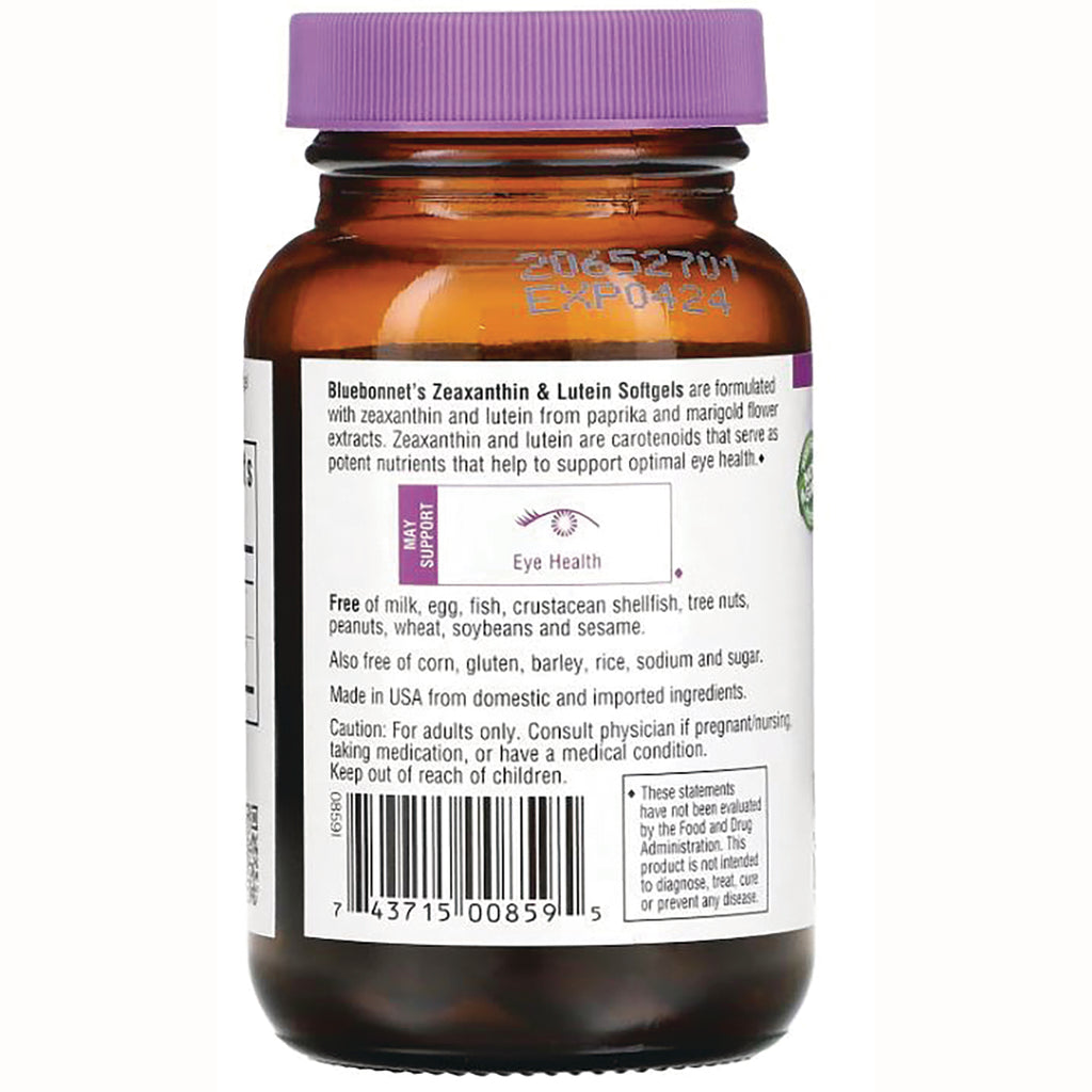 BLU137 | Back of amber supplement bottle showing label with Eye Health logo, allergen and ingredient info and barcode - Thumbnail