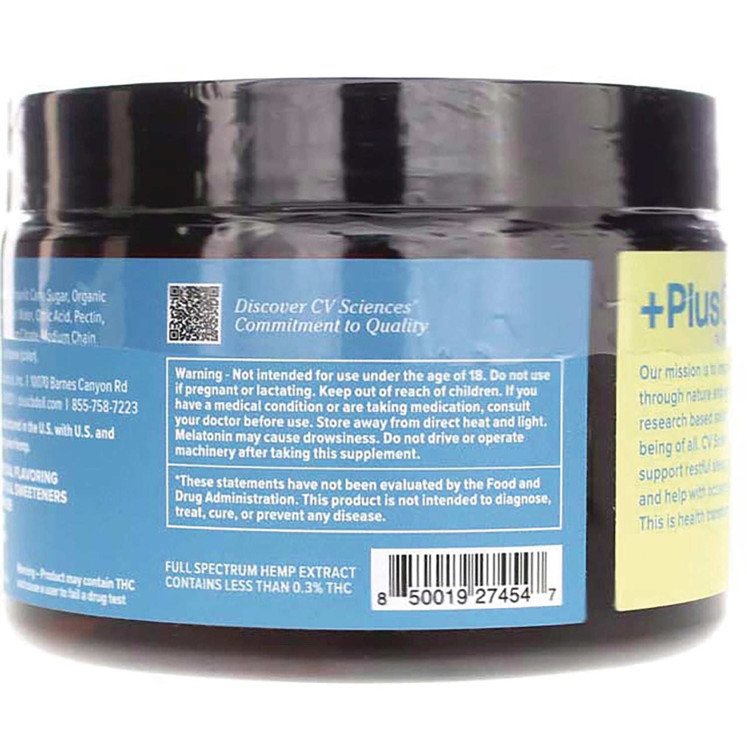 CV044 | back of dark jar showing a blue label with warning text box and barcode