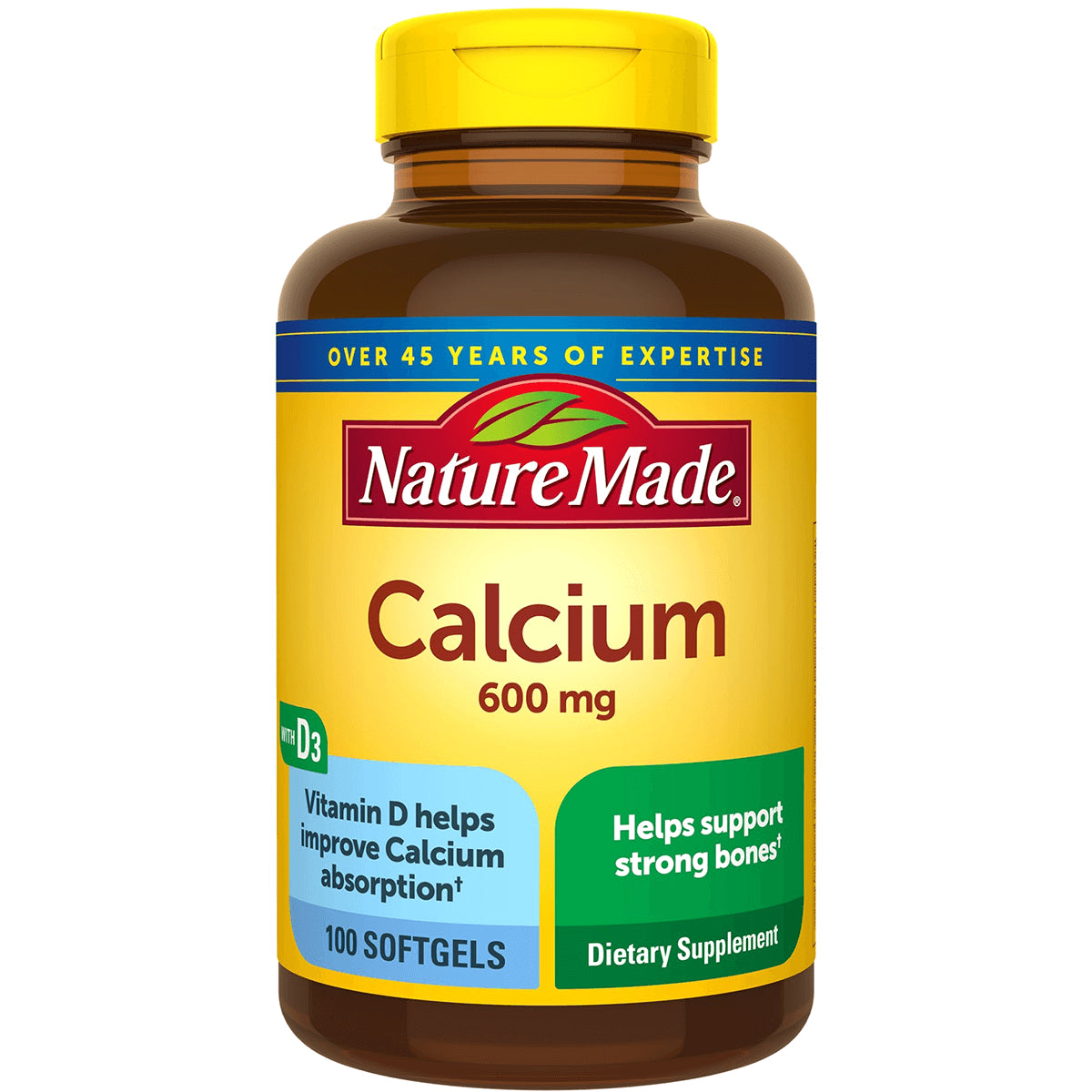 NTM002 | Nature Made Calcium 600 mg softgels bottle with yellow label showing 100 softgels and Vitamin D callout
