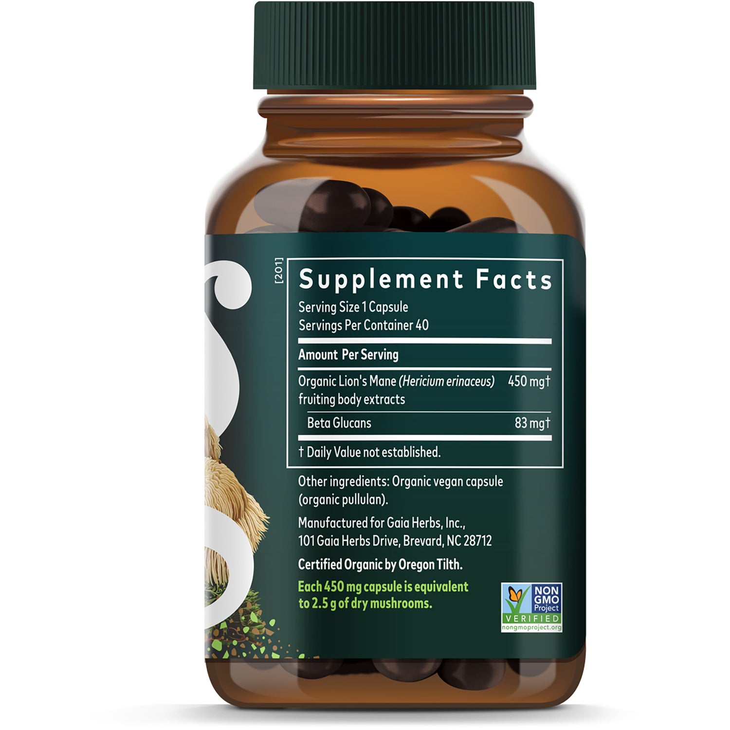 GH148 | back panel with Supplement Facts, suggested use, and warnings for lion's mane capsule