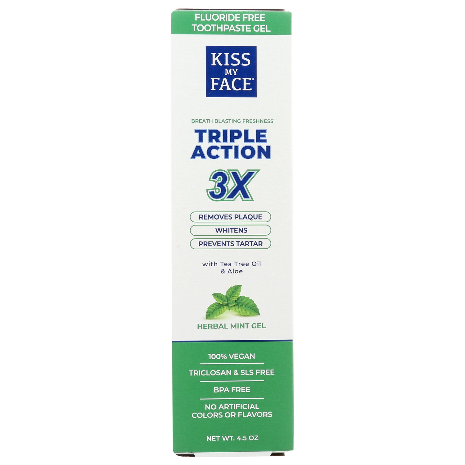 KMF126 | Kiss My Face Triple Action 3X herbal mint gel toothpaste box front showing benefits and 100% vegan claim