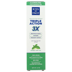 KMF126 | Kiss My Face Triple Action 3X herbal mint gel toothpaste box front showing benefits and 100% vegan claim