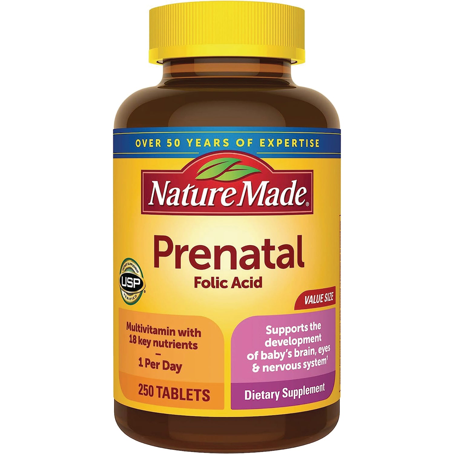 NTM016 | Nature Made Prenatal folic acid bottle, front label showing 250 tablets and USP verified