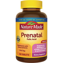 NTM016 | Nature Made Prenatal folic acid bottle, front label showing 250 tablets and USP verified