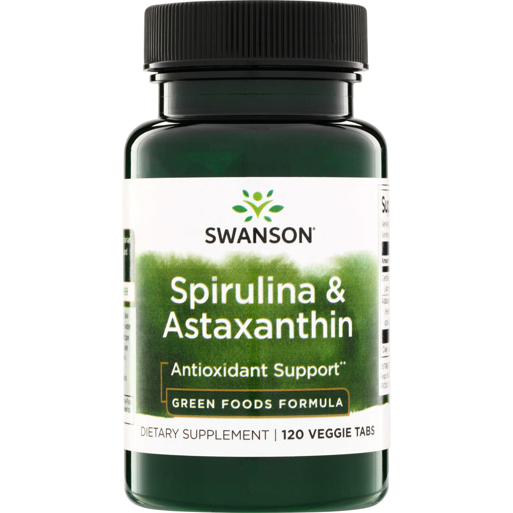 SWR072 | Swanson Spirulina & Astaxanthin supplement bottle, Antioxidant Support*, Green Foods Formula, 120 veggie tabs - Thumbnail