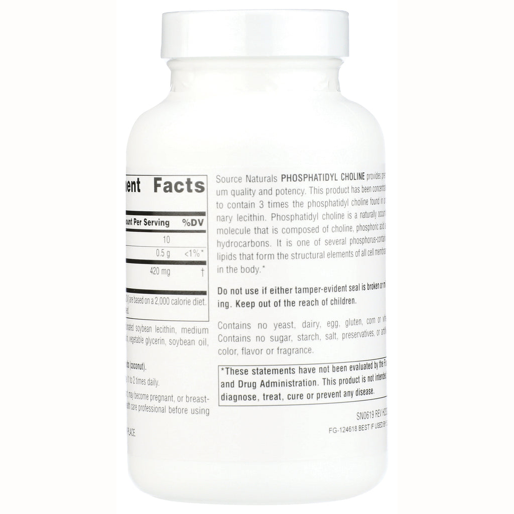 SN928 | Back label of Source Naturals Phosphatidyl Choline bottle with Supplement Facts and warnings - Thumbnail