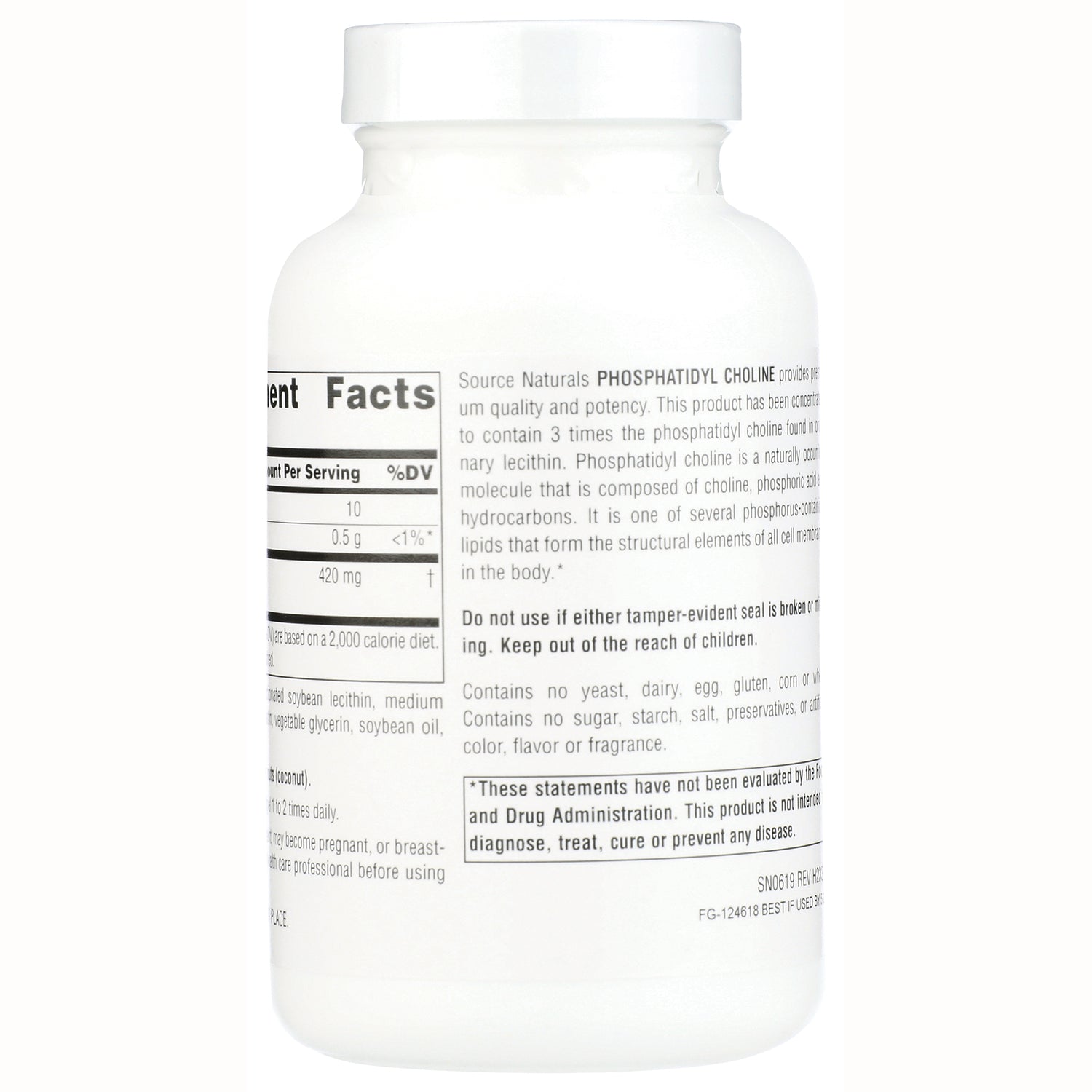 SN928 | Back label of Source Naturals Phosphatidyl Choline bottle with Supplement Facts and warnings