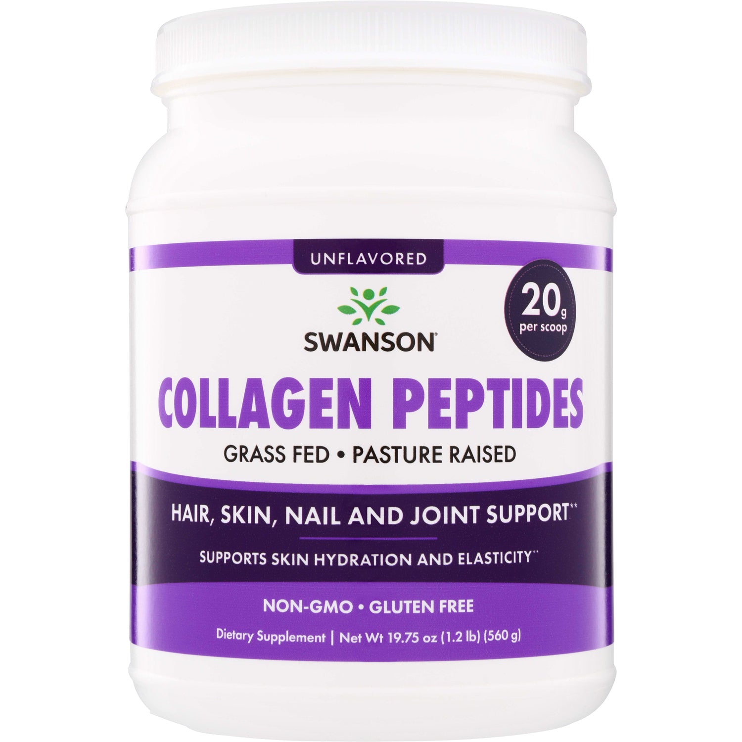 SW1833 | Swanson Collagen Peptides unflavored powder, 20 g per scoop; grass fed, pasture raised