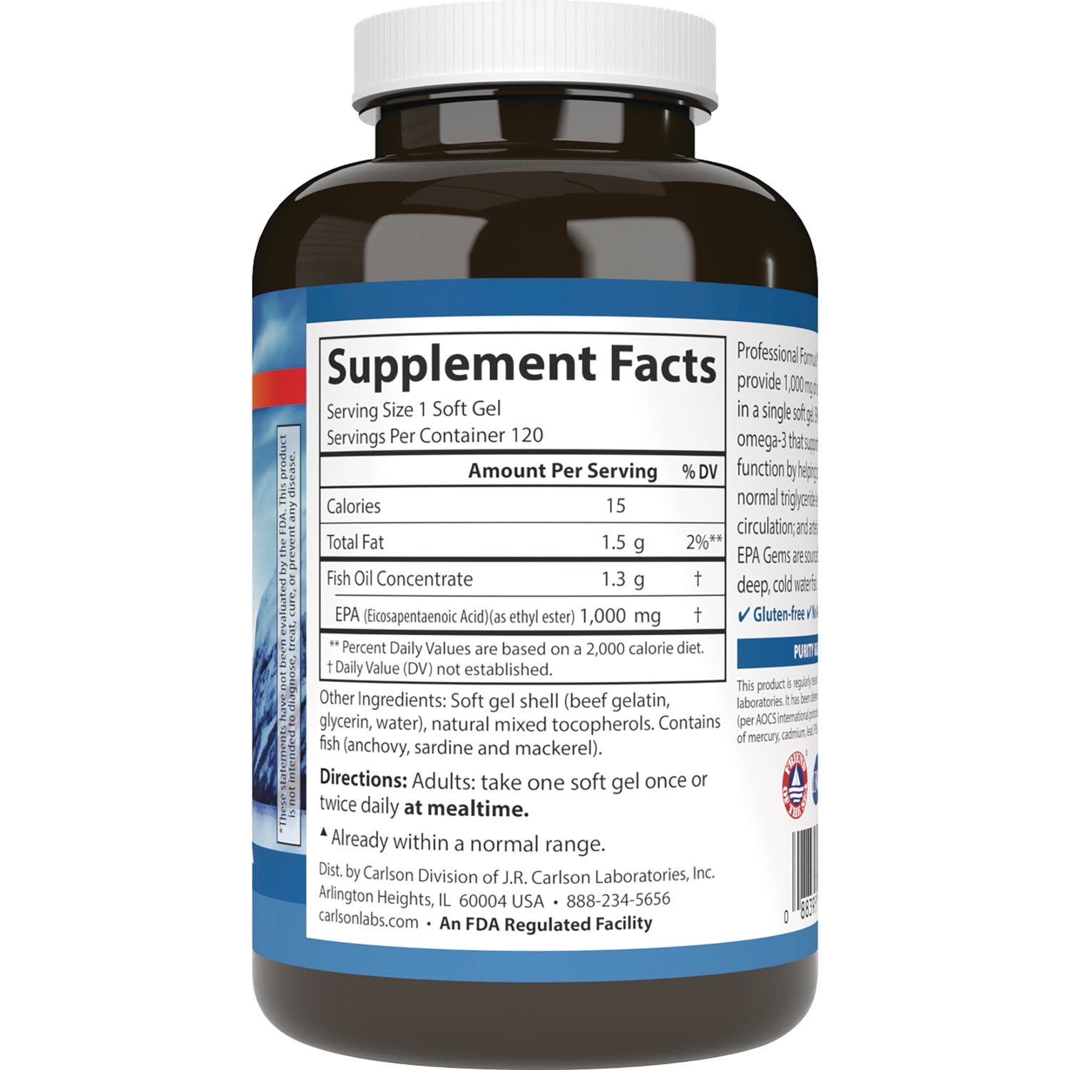 CSN248 | bottle back showing Supplement Facts panel and directions for soft gel fish oil