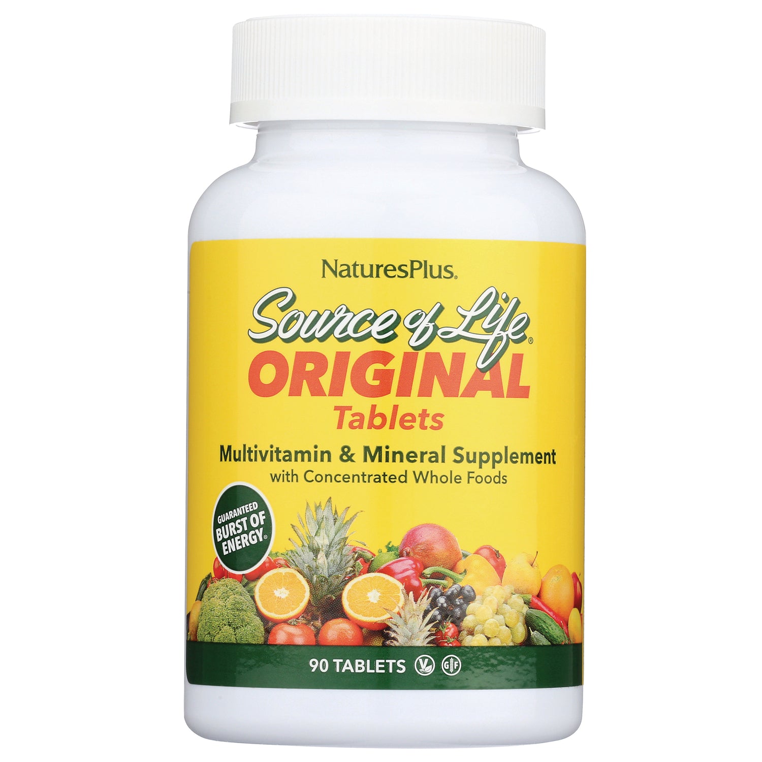 NTP032 | NaturesPlus Source of Life Original multivitamin bottle, 90 tablets, yellow label with fruit illustration