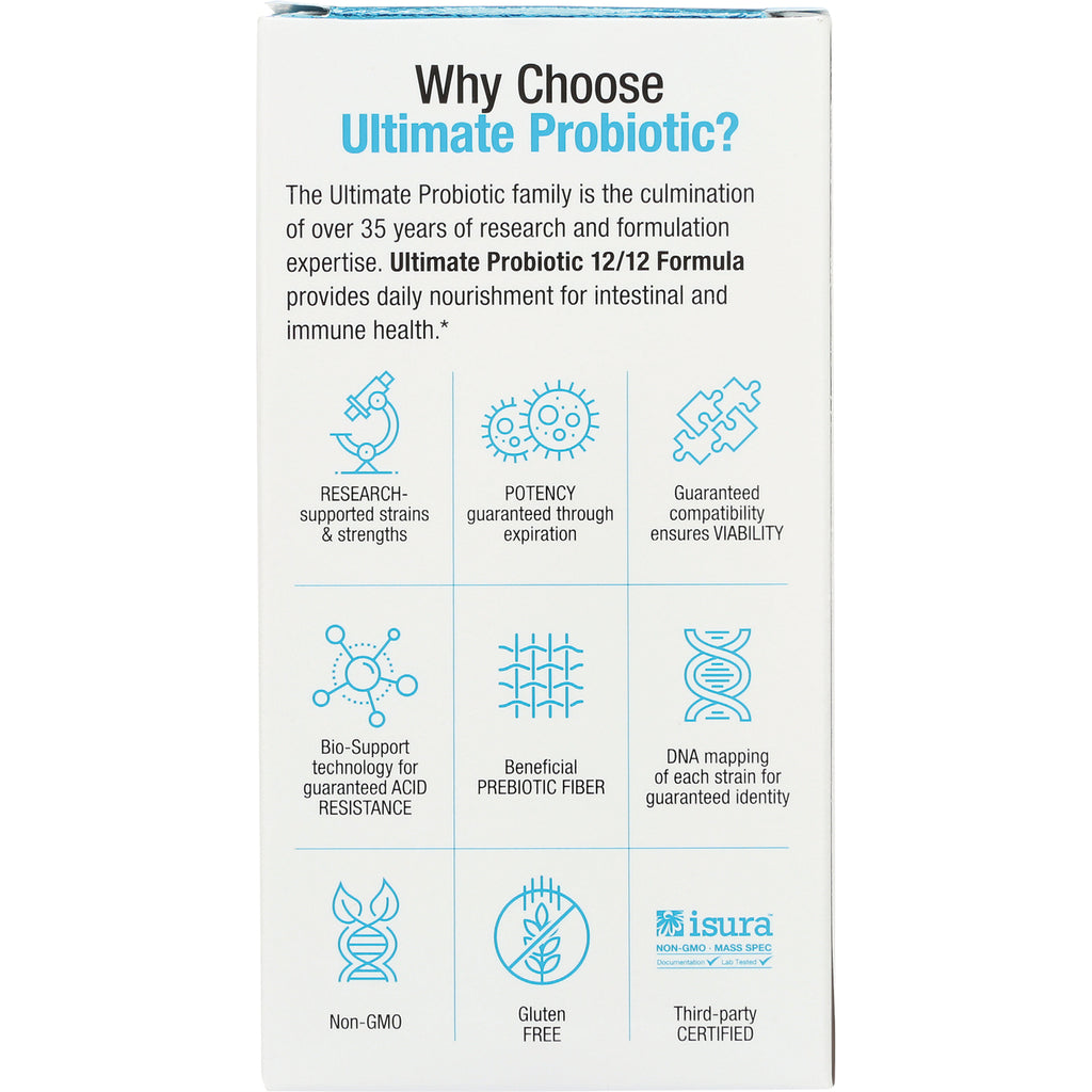 NFC016 | infographic of probiotic benefits: research-backed strains, potency, viability, acid resistance, prebiotic fiber, Non-GMO, gluten free, third-party certified - Thumbnail