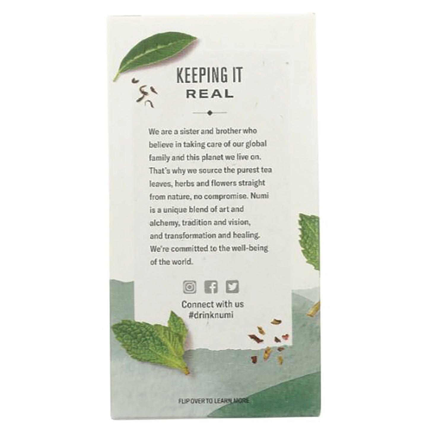 NUM009 | tea box product infographic showing brand story KEEPING IT REAL, mint leaves and social icons