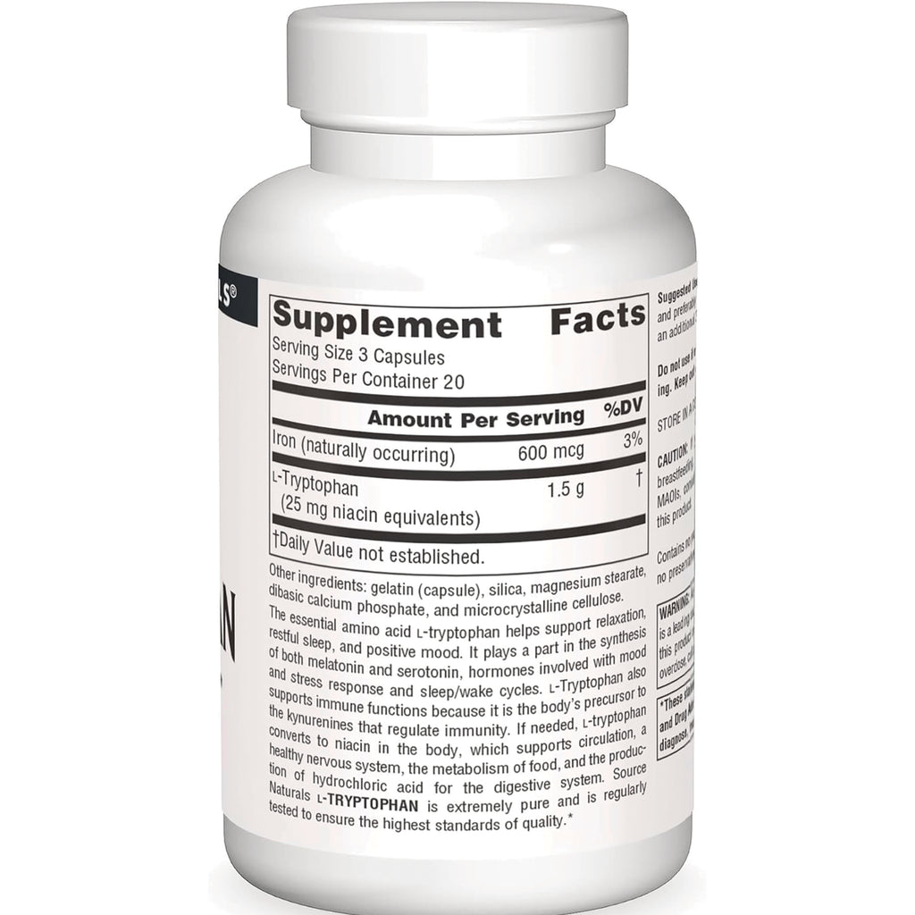 SN119 | Back label with Supplement Facts panel, serving size 3 capsules, iron 600 mcg and L-Tryptophan 1.5 g - Thumbnail