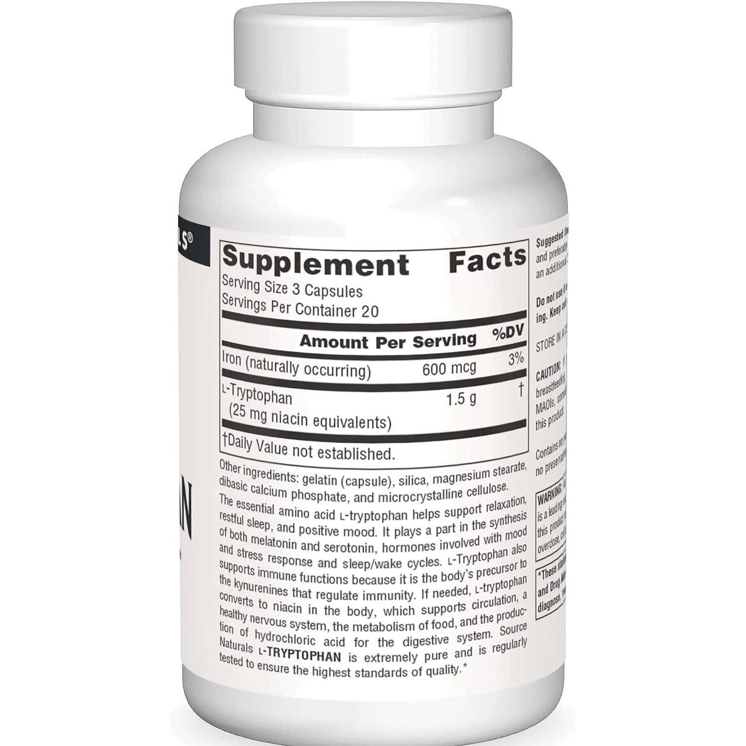 SN119 | Back label with Supplement Facts panel, serving size 3 capsules, iron 600 mcg and L-Tryptophan 1.5 g