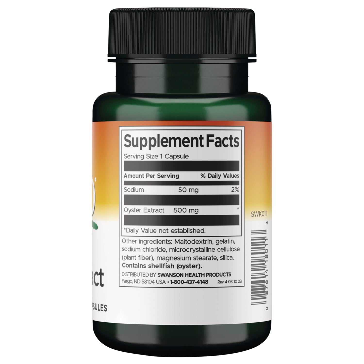 SWK011 | Back bottle with Supplement Facts showing Sodium 50 mg and Oyster Extract 500 mg; contains shellfish