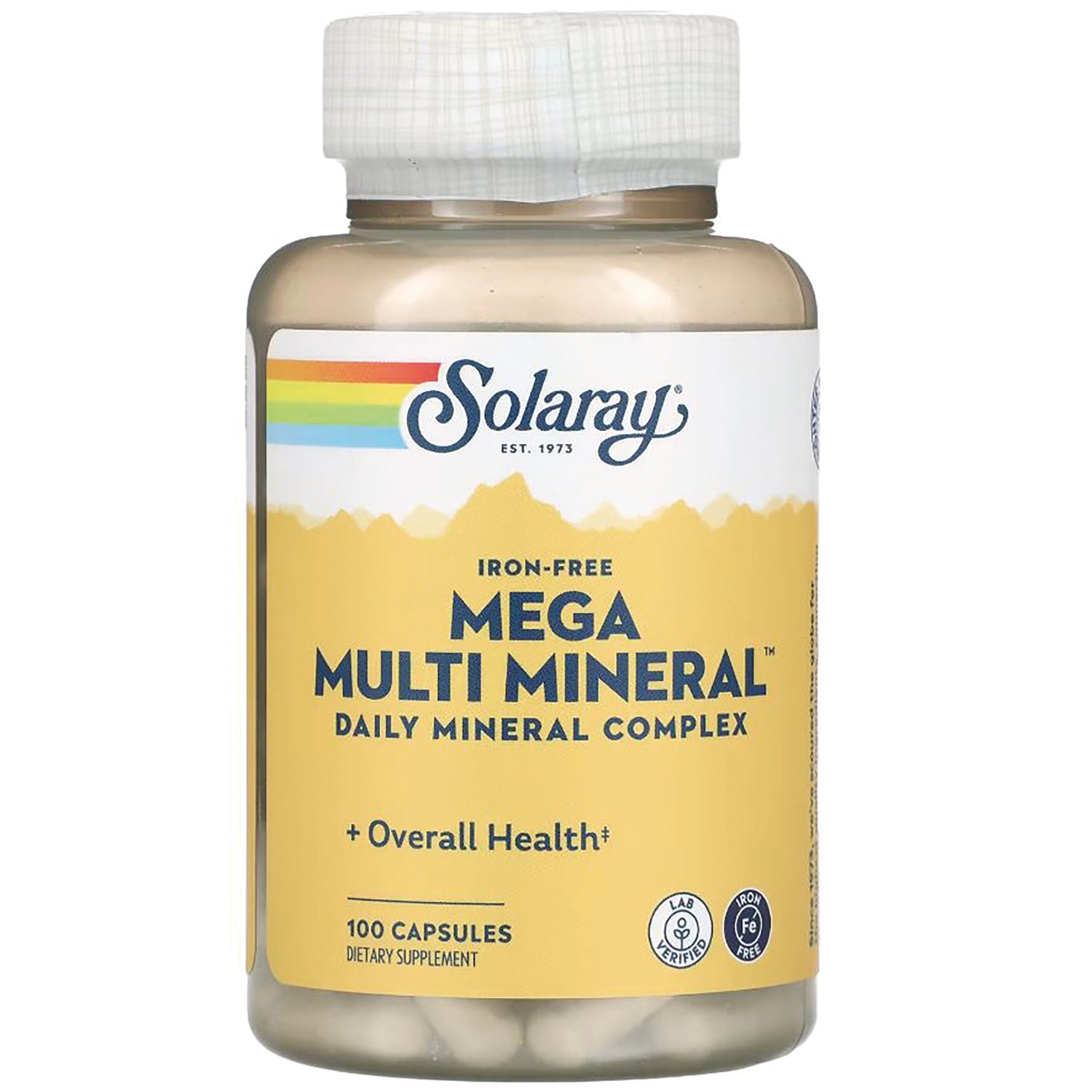 SLR377 | Solaray Mega Multi Mineral iron-free dietary supplement bottle with yellow label, 100 capsules