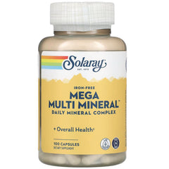 SLR377 | Solaray Mega Multi Mineral iron-free dietary supplement bottle with yellow label, 100 capsules
