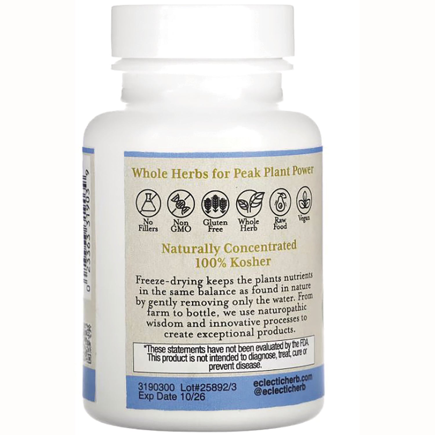 EC007 | Back label of white supplement bottle showing icons No Fillers Non GMO Gluten Free Whole Herb Raw Food Vegan and text Naturally Concentrated 100% Kosher