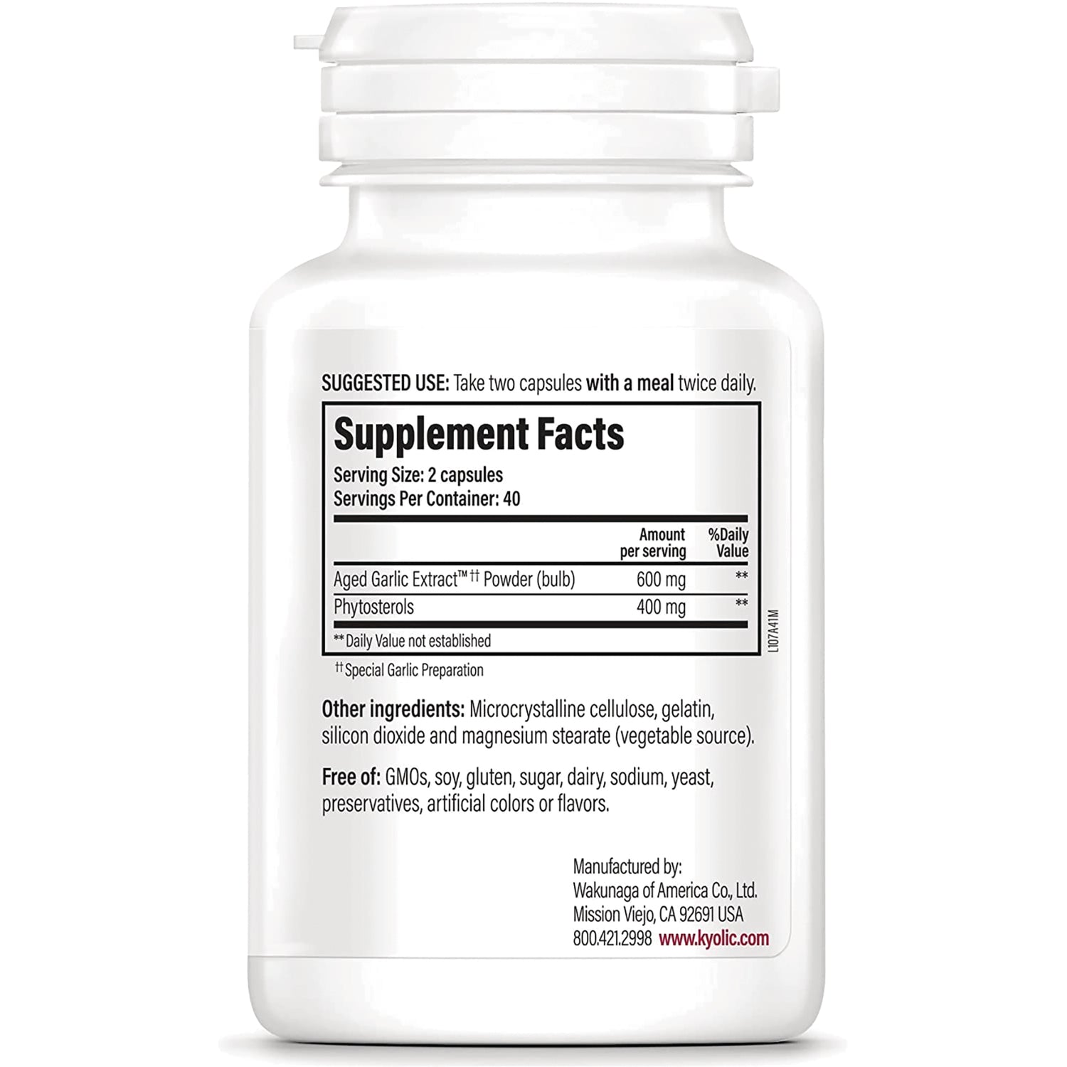 KY093 | Back label showing Supplement Facts panel, ingredient list and manufacturer info on white supplement bottle