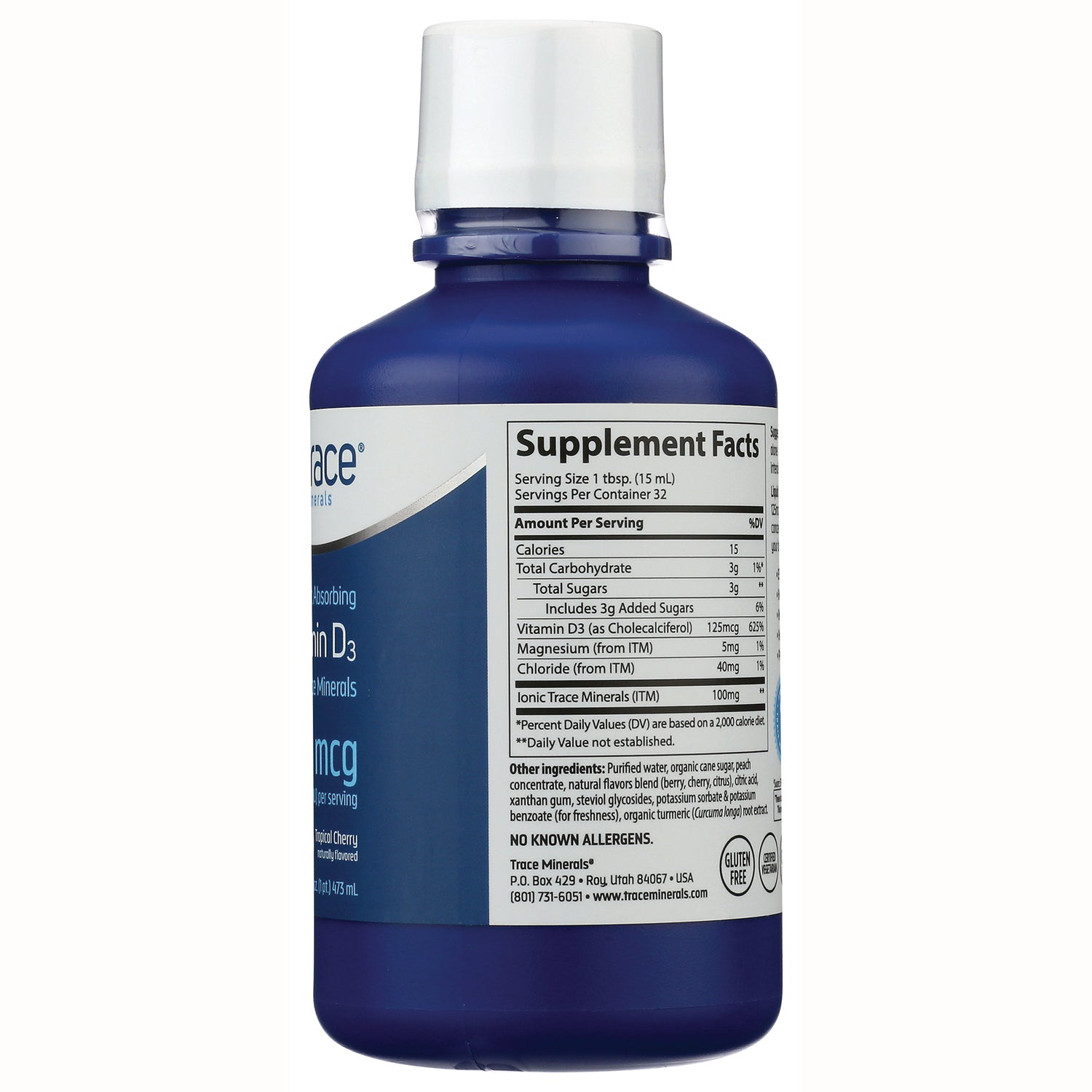 TM015 | Back of blue Trace Minerals liquid supplement bottle with Supplement Facts and ingredients panel