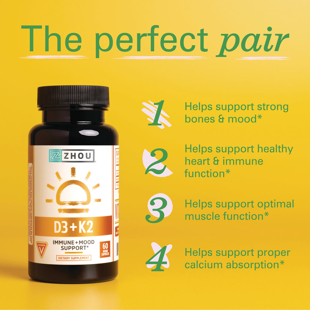 ZOU025 | Zhou D3 + K2 bottle with benefits: supports bones & mood, heart & immune, muscle function, calcium absorption - Thumbnail