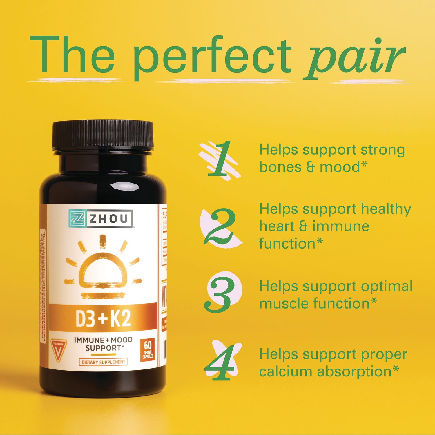 ZOU025 | Zhou D3 + K2 bottle with benefits: supports bones & mood, heart & immune, muscle function, calcium absorption