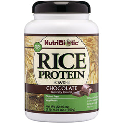 NUB007 | NutriBiotic Rice Protein Powder chocolate flavor in white jar with black lid, 22.93 oz label
