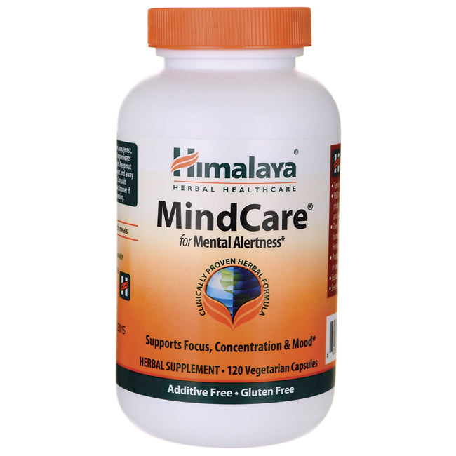 HHH042 | Himalaya MindCare herbal supplement bottle, front label reading MindCare for Mental Alertness, 120 vegetarian capsules