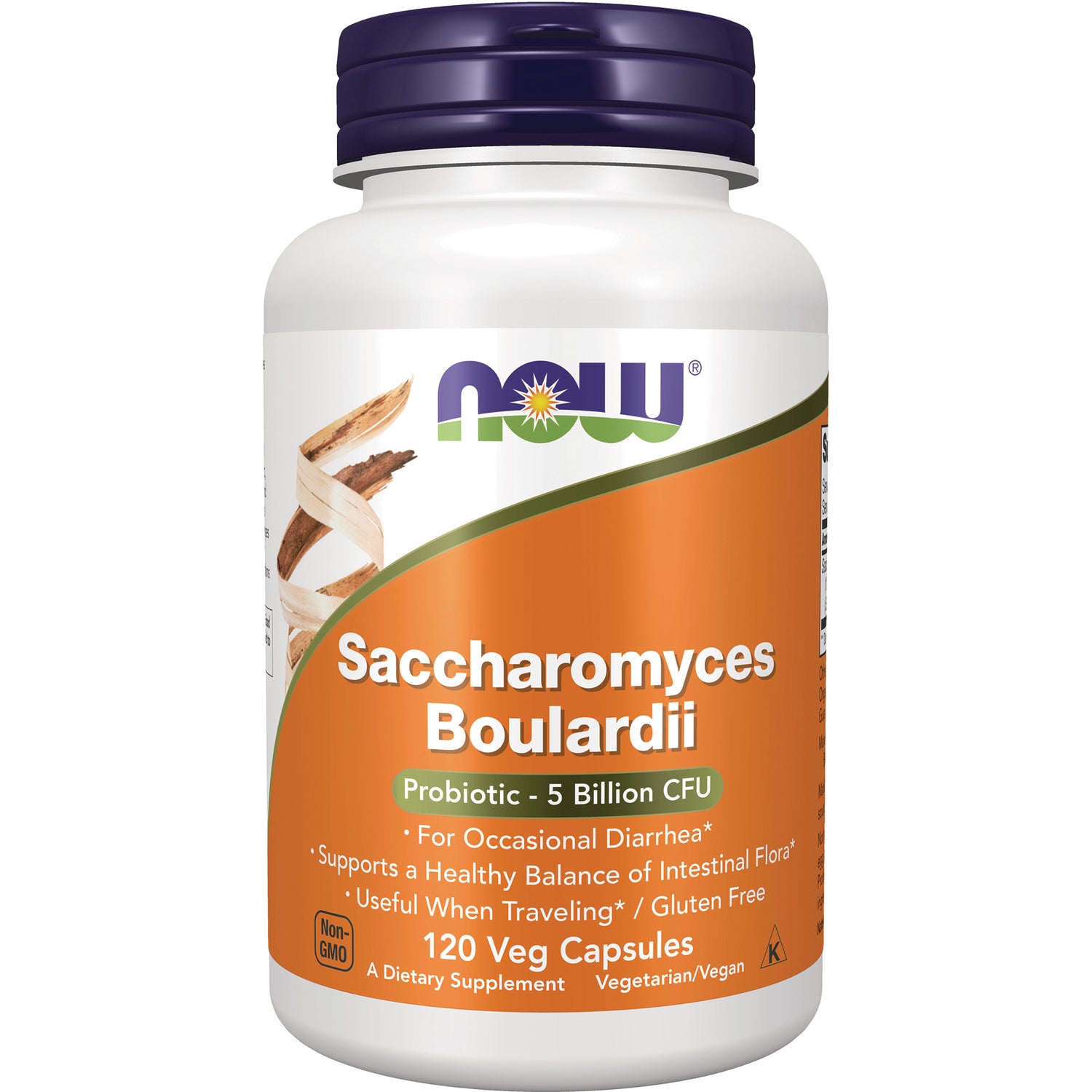 NWF1467 | White bottle of NOW Saccharomyces Boulardii probiotic 5 Billion CFU, 120 veg capsules orange label