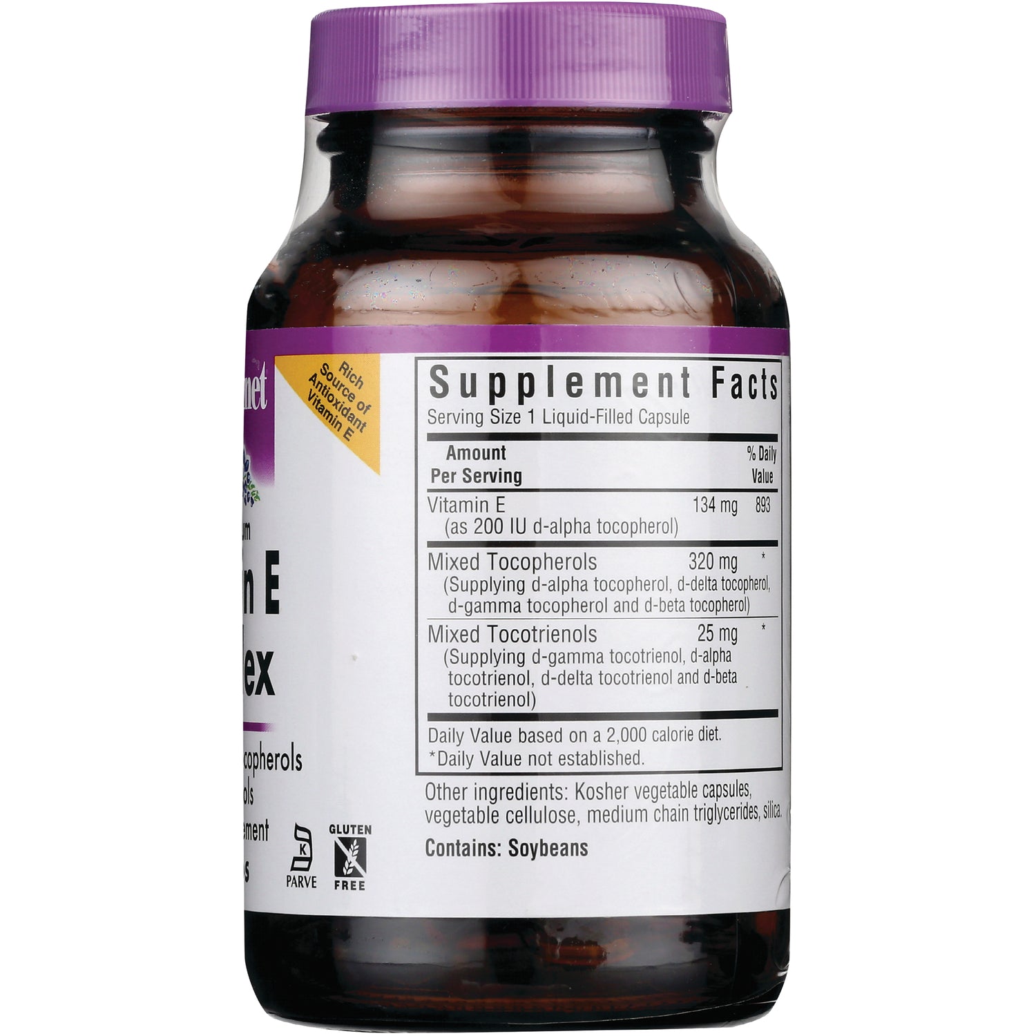 BLU130 | Back of brown supplement bottle with purple cap showing Supplement Facts panel and contains Soybeans