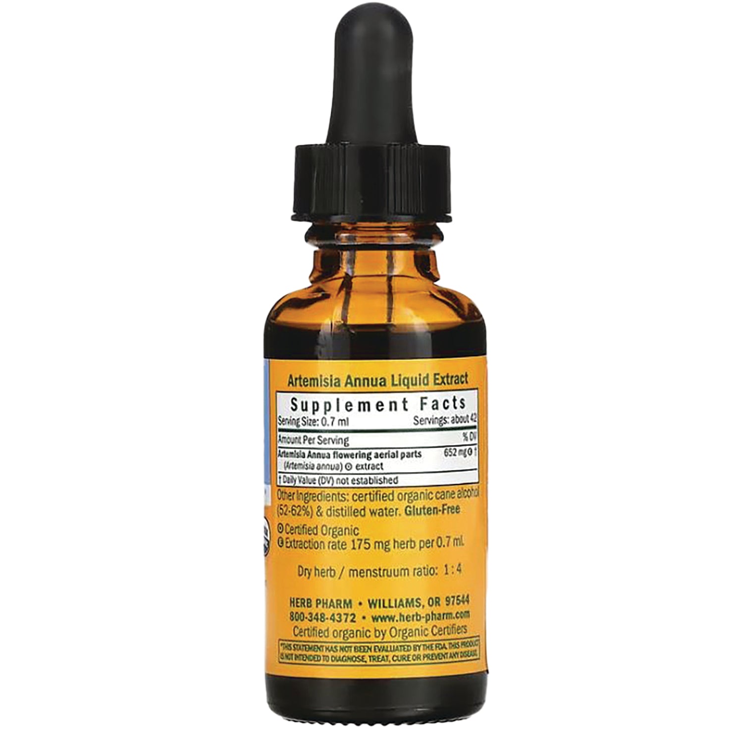 HPH073 | Amber dropper bottle back showing Supplement Facts and ingredients label for Artemisia annua liquid extract