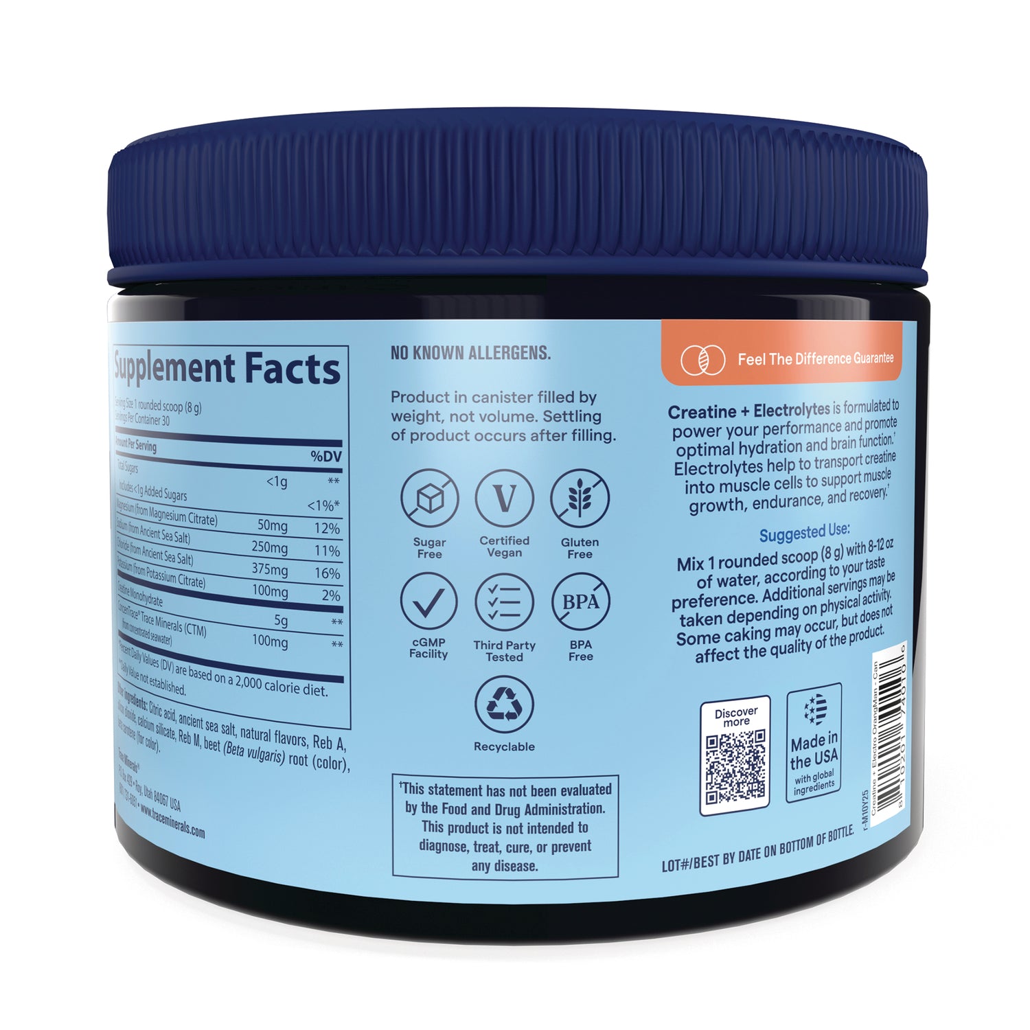 TM172 | Back label of a creatine + electrolytes supplement jar with Supplement Facts and usage instructions