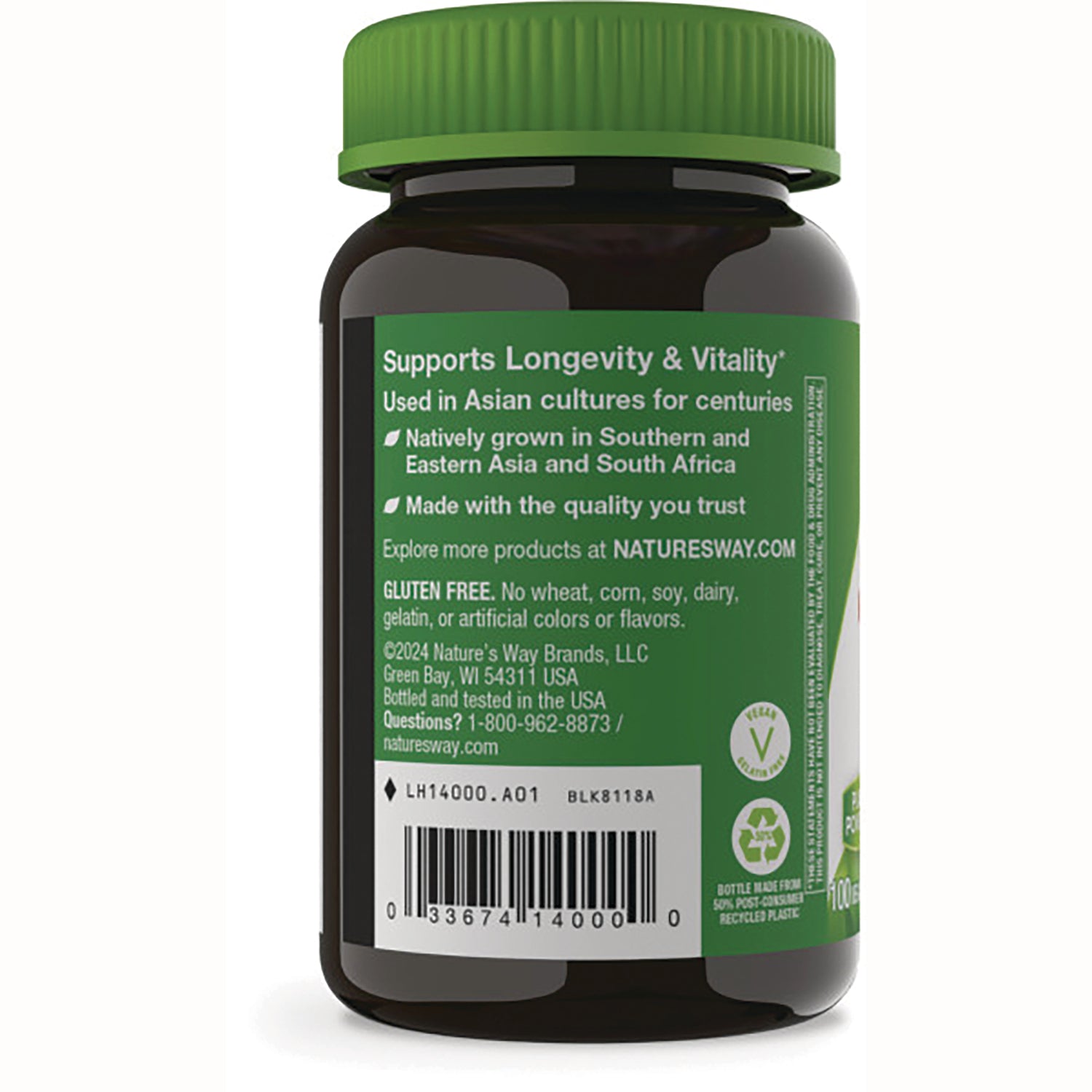 NW832 | back label of supplement bottle showing Supports Longevity & Vitality text, gluten free statement and barcode
