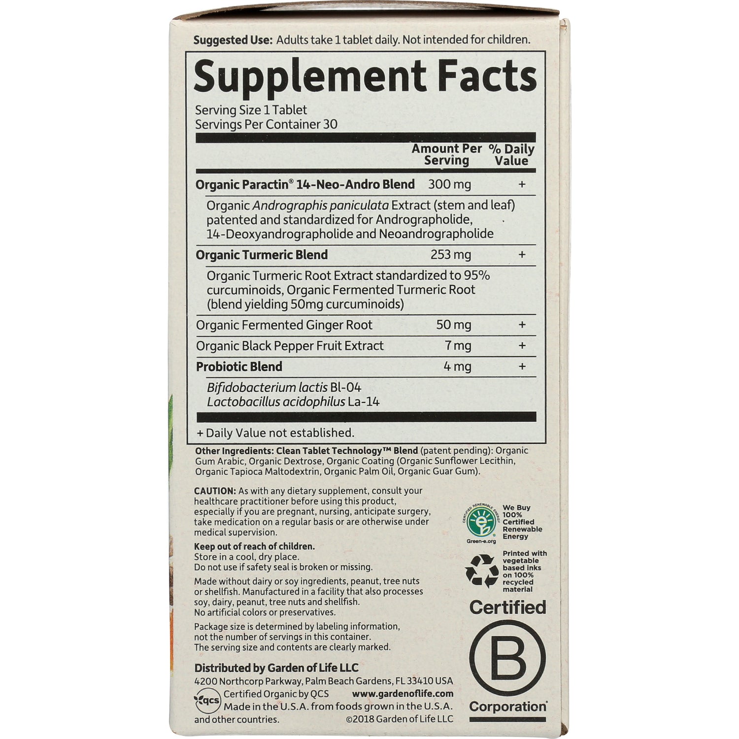 GLF257 | back of supplement box showing Supplement Facts panel with ingredient amounts, cautions, and certification logos